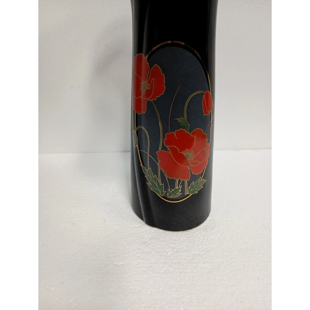 Vintage 70s Fine China Black Elegance Asian Vase With Red Poppy Flowers Japan